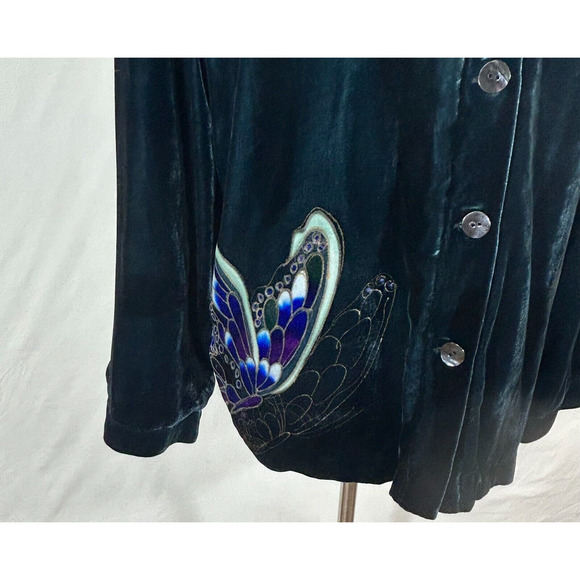Chicos Jacket Large 2 Blue Butterfly Velvet Silk Blend Anniversary Collection - Picture 4 of 14